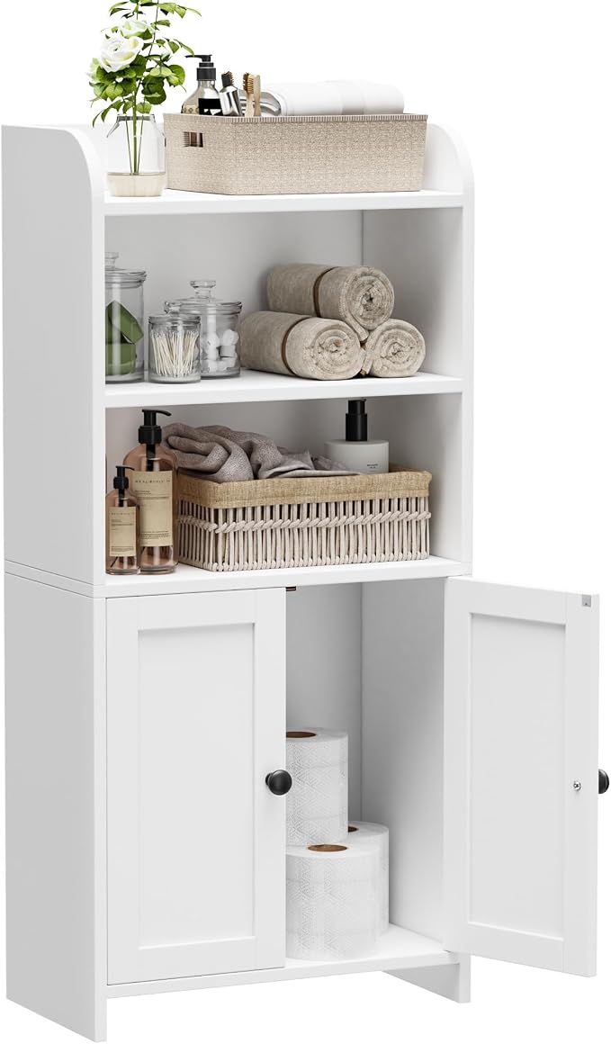 Homhedy Small Bathroom Storage Cabinet, Toilet Paper Storage Cabinet | Bathroom Floor Cabinet with Doors and Shelves, Bathroom Organizers for Small Spaces, 7.9" D x 14.6" W x 31" H, White