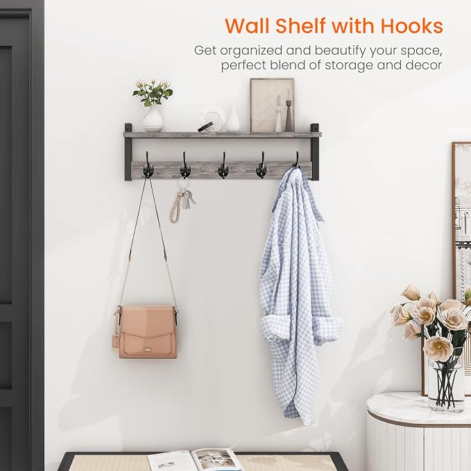 Wall Hooks With Shelf, 24 Inch Coat Rack Wall Mount for Entryway, Clothes, Backpack, Key, Purse - Floating Shelf Hanging in Bathroom, Bedroom, Hallway, Rustic Grey