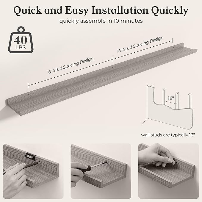 White Picture Ledge Shelves for Wall, 4.5" Deep Wood Floating Shelves with Lip for Bedroom, Living Room, 48" Width, Color White Set of 2