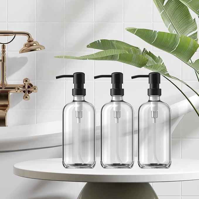 GMISUN Shampoo and Conditioner Dispenser, 3 Pack Clear Glass Bathroom Shampoo Conditioner Body Wash Dispenser with Pump for Shower, 17 Fl Oz Hand Soap Dish Soap and Lotion Dispenser Set for Kitchen