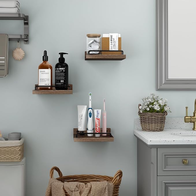 RYOFOBETTO Small Floating Shelf, 6X6 Inches Farmhouse Wall Shelves for Living Room, Bedroom, Picture Frames, Plants, Kitchen, Set of 3 (Brown)