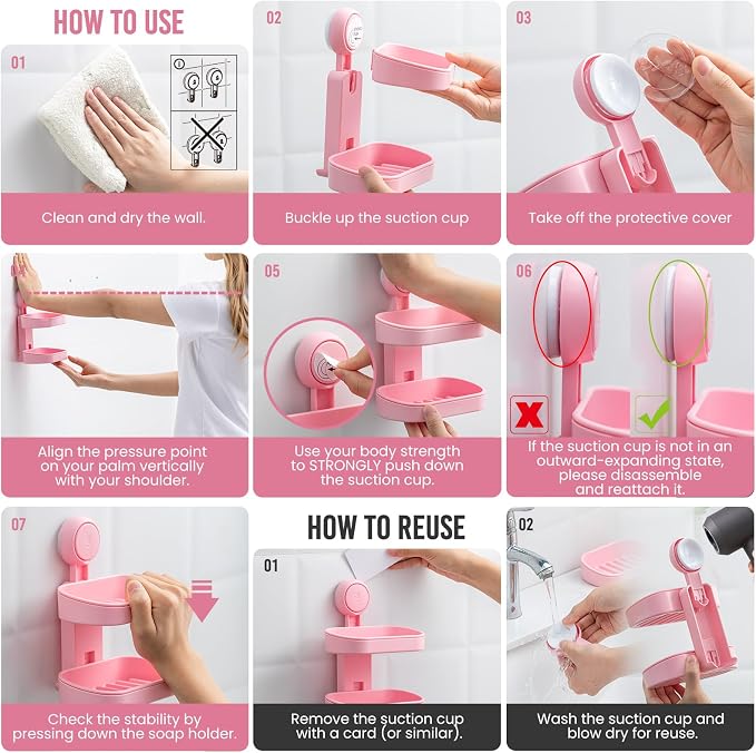 TAILI Soap Holder, Soap Dish for Shower Suction Cup, Bar Soap Holder, Pink | 2 Layer Removable Soap Holder Shower, Soap Tray for Shower Wall, Drill Free Sponge Holder, Bathroom & Kitchen, No drill