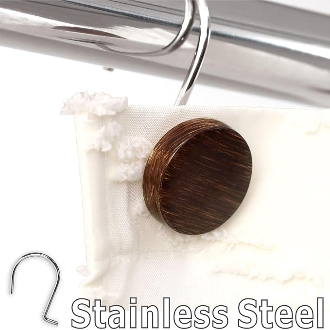 Farmhouse Boho Shower Curtain Hooks-Wood Texture Resin Button Rings, 12Pcs | Rustproof Hangers, Neutral Earthy Nature Inspired Accents, Western Vintage Fall Winter Christmas Decor for Country Bathroom