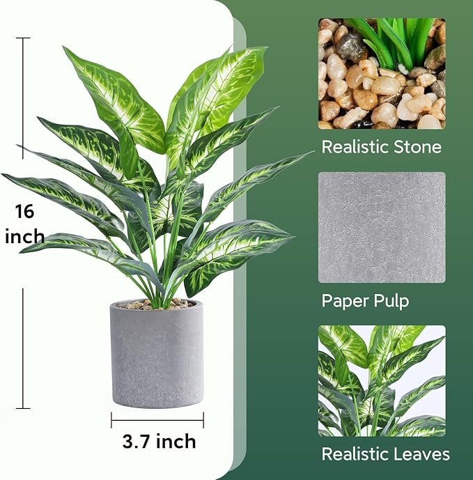 16" Fake Plants Taro Leaf for Shelf Bathroom Decor | Artificial plants，shelf desk bathroom home decor，easy to fluff no care needed，UV wrinkle resistant，Eco-friendly，Pet-safe