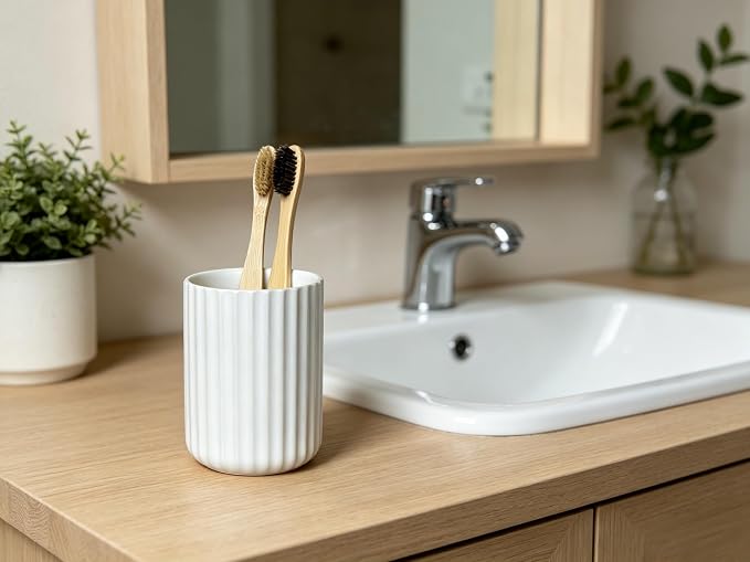 Stoneware Toothbrush Holder for Bathroom Tooth Brush Holder for Bathroom Toothbrush Cup Toothbrush Holders Cute Fluted Vertical Ribbed Stripe (Matte White)