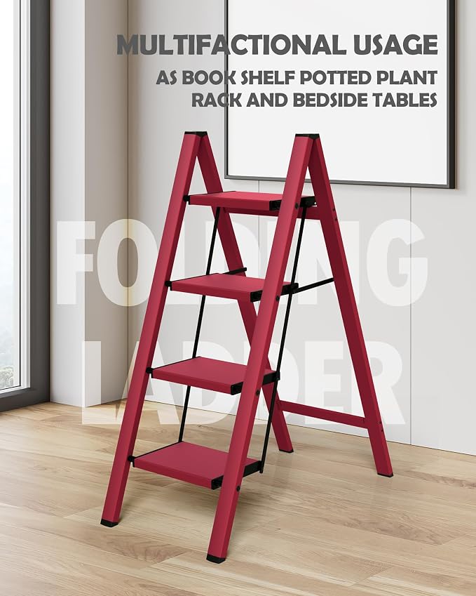 Taranta 4 Step Stool Foldable,Aluminum Step Ladder-Red | Lightweight,Wide Anti-Slip Pedals,Folding Step Stool,330lbs Capacity Stepladder for Household,Kitchen,Office