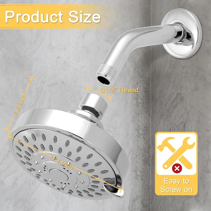AISOSO High Pressure Rain Shower Head 5 Modes Showerhead 4.1" Chrome Silver | Low Water Pressure Compatible, Powerful Spray Fixed Showerhead for a Relaxing Indoor & Outdoor Shower
