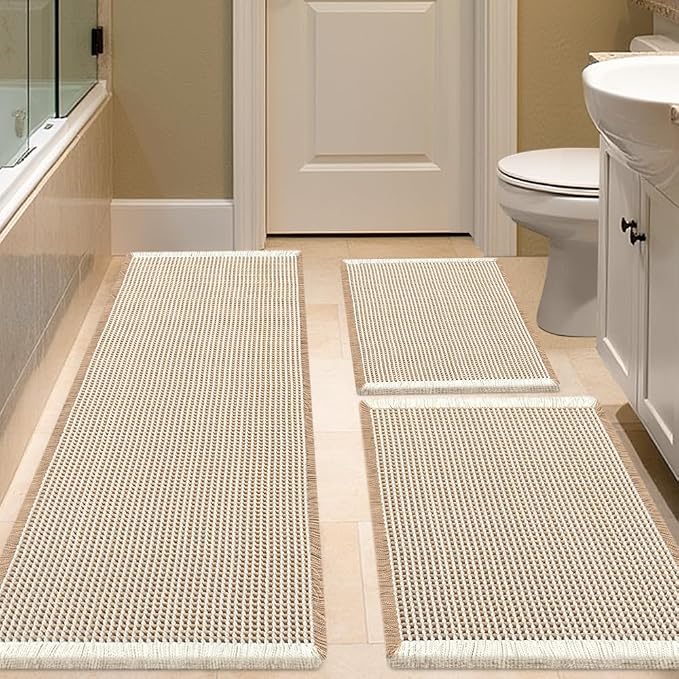 Waffle Bath Mat Set 3 Piece Brown & Cream,Woven Modern Bath Rug Mats, Absorbent Non Slip Bath Floor Mat, Soft Washable Boho Bath Rugs with Tassels for Bathroom, Bedroom, Kitchen, Tub