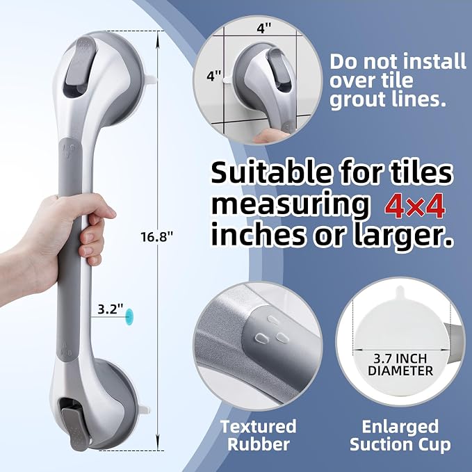 Shower Grab Bars,Suction Shower Handles,2 Pack,16.8",Silver | safety for elderly,seniors,showers,bathtubs&toilet,bathroom grip bar heavy duty rails,no drilling removable waterproof