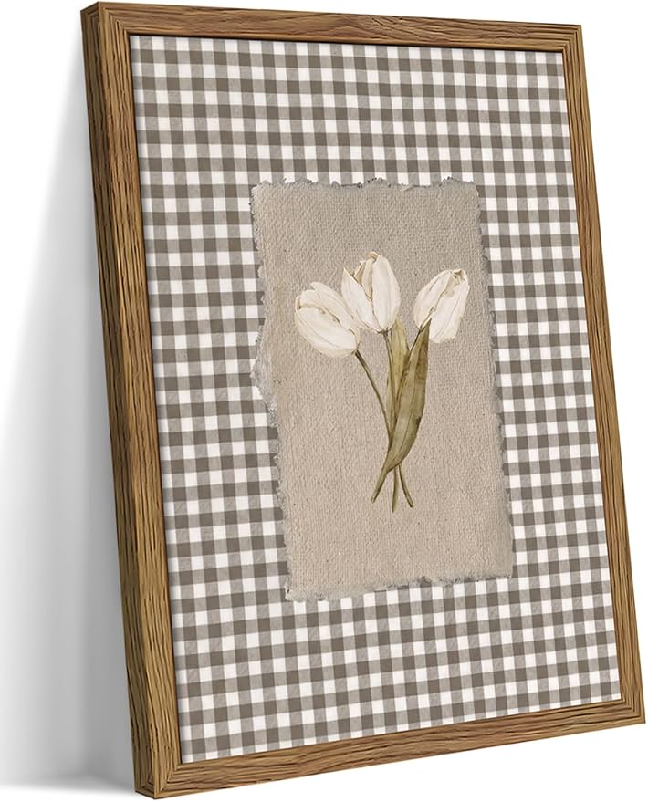Vintage White Tulips Framed Canvas Wall Art – Brown Gingham Botanical Painting Print, Rustic Farmhouse Floral Picture for Living Room Bedroom Nursery Office Home Decor 12x16 inch