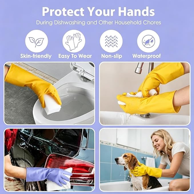 Rubber Kitchen Dishwashing Gloves - 4 Pairs Colorful Reusable Cleaning Gloves for Kitchen Washing Dishes and Household Cleaning(XL, Yellow+Blue)
