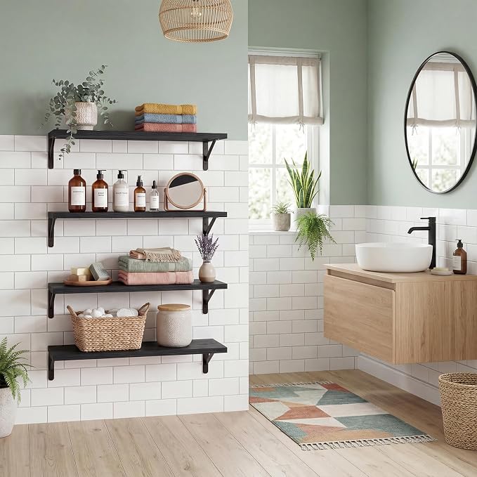 YGEOMER 23.6in Floating Shelves for Wall Home Decor, Black, Wood, Set of 4 | Rustic wood shelves with metal brackets. Space-saving for books & decor. Works in bathroom, kitchen, living room & bedroom.