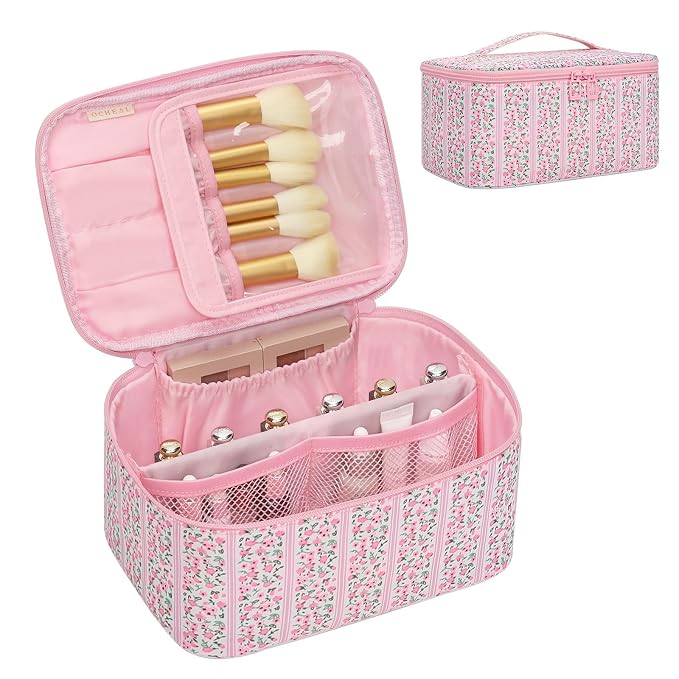 Makeup Bag for Women - Travel Cosmetic Organizer with Brush Slot & Divider, Large Capacity Toiletry Bag for Girls, Travel Makeup Case for everyday Make up Accessories -Pink Floral