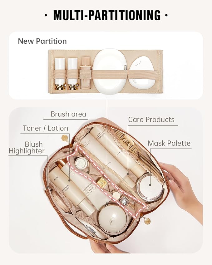 EACHY Travel Makeup Bag for Women, PU Leather Cosmetic Bag, Brown, Large | Water-resistant PU leather exterior with flat-open access, clear TPU brush compartment and organized storage for cosmetics
