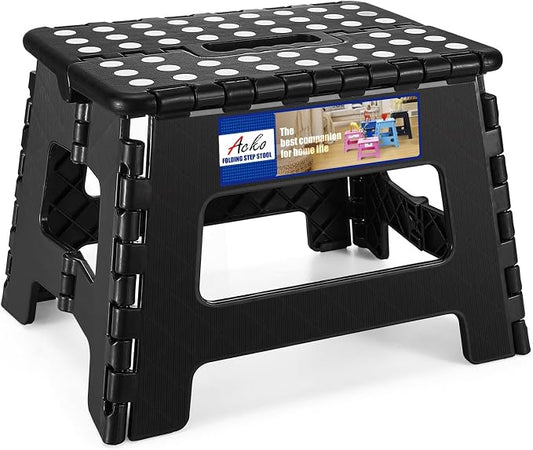 ACKO Folding Step Stool 9 Inch, Non-Slip Foldable Stools for Kids, Black | Heavy Duty Collapsible Foot Stool, Lightweight, Holds 300lb for Toddler/Adults Kitchen Bathroom Bedroom Outdoor, with Handle
