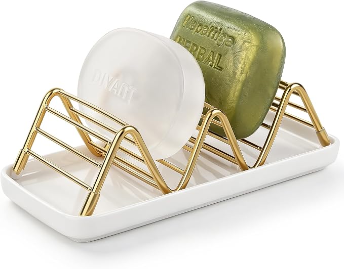 Stainless Steel Soap Dish Draining Soap Holder with Ceramic Tray, Gold | Reversible Design Fits 2-3 Bars, Rustproof, Easy to Clean, Space Saving, Non Slip, for Bathroom, Shower, Kitchen
