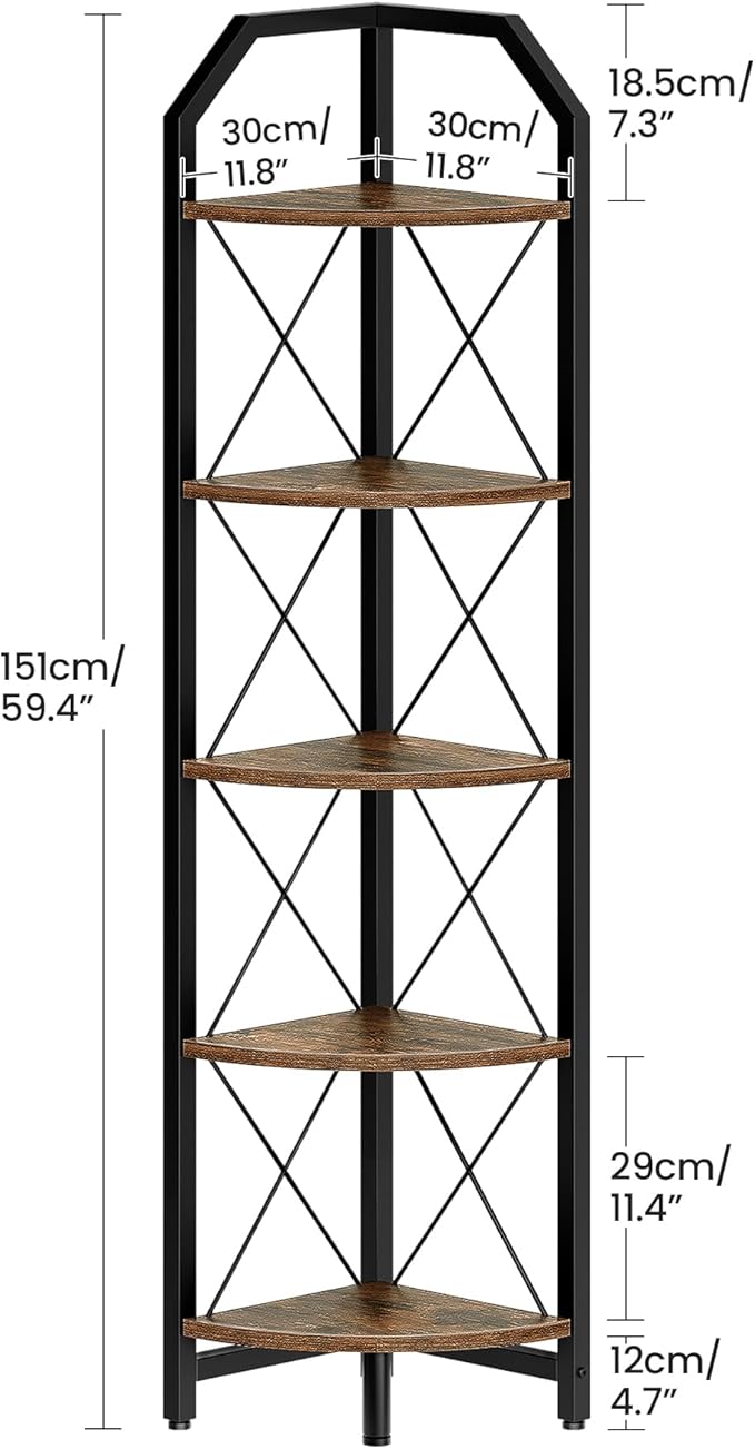 59.4" Corner Shelf, 5-Tier Industrial Corner Bookshelf, Corner Storage Stand, Plant Stand Display Shelf, Bookcase for Bedroom, Living Room, Home Office, Rustic Brown and Black TCJ10BF