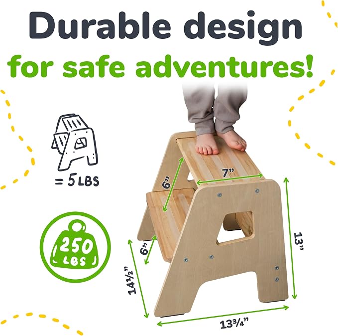 2-Step Wooden Toddler Step Stool for Bathroom Sink & Kitchen Use -Varnished | Non-slip steps and padded feet for extra stability. Lightweight to carry, safely supports ages 2+ and adults up to 250 lbs.