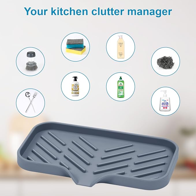 Silicone Kitchen Soap Tray, Sink Tray,Dark Grey, [Size: 9.5 x 5 inch] | Sponge Holder for Kitchen Counter Soap Bottles and Organizer with Drain Spout