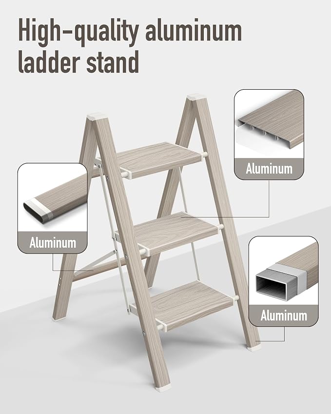 Mayi Plus 3 Step Stool Foldable, Aluminum, Lightweight Step Ladder | Extra-wide anti-slip folding steps with 330 lbs, for home,kitchen,office,outdoor,Fir woodgrain