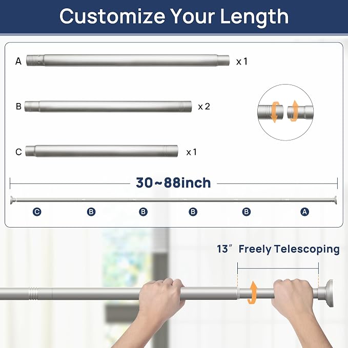 ENJOYBASICS 1" Nickel Shower Curtain Rod, 30-88" Adjustable, Secure Tension | Easy No-Drill Installation, No Tools, No Gaps, Sturdy Rust-Resistant Steel, Sag-Resistant Design, Tubs, RVs, Apartments