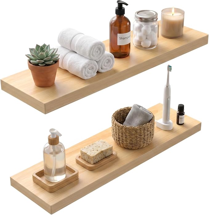 Lufia Floating Wall Shelves, Set of 2, MDF with Invisible Brackets, Modern Storage for Bedroom, Bathroom, Living Room, Kitchen (Natural, 24" W x 7" D x 1.5" H (2 Pieces))