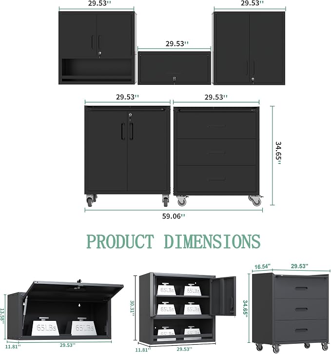 Garage Storage Cabinet System,Wall Cabinet & Locking Rolling Tool Cabinet with Doors and Adjustable Shelves