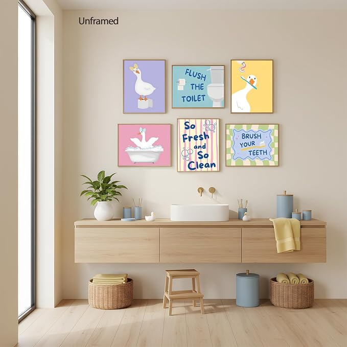 ZYANGZY Cute Kids Bathroom Poster Set of 6, Funny Duck Toilet Wall Art Painting Children's Quotes Bathroom Wall Decor Quirky Silly Goose Nursery Canvas Picture Prints for 12x16 inch Unframed