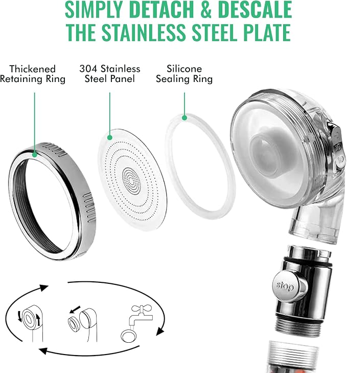 Original StoneStream EcoPower High Pressure Handheld Shower Head with ON OFF switch- 3 Spray Settings with Hose, Wall Adapter and Replacement Beads