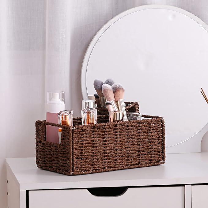 Wicker Storage Basket, Set of 2 Hand-Woven Paper Rope Wicker Basket, Small Storage Baskets for Organizing Toilet Paper Basket, Foldable Large Cube Storage Organizer Bins for Shelves (Brown)