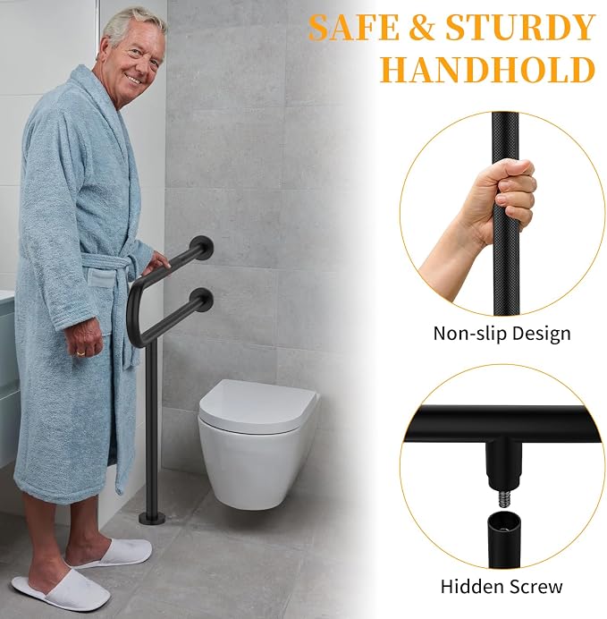 Toilet Grab Bar 32Inch with Leg, YuanDe Matte Black Wall Mounted Safety Bar | Stainless Steel Anti-Slip Bathroom Support Rail for Elderly Disabled Pregnant