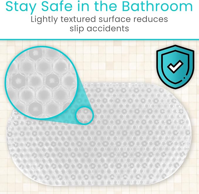 Vive Oval Bathtub Mat - Nonslip Shower Floor Pad - Non-Slip and Non-Skid | For Bath Tub with Strong Rubber Suction Cup Grip - for Baby, Elderly, Kids, Bathroom (Gray)