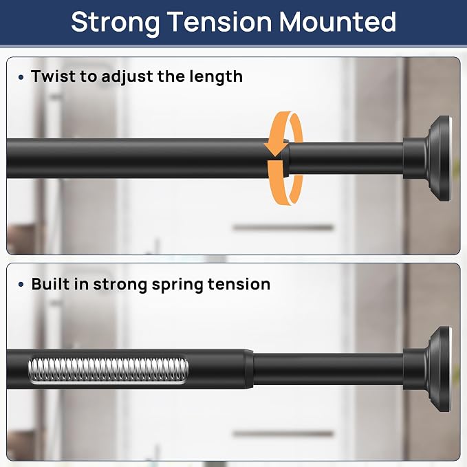 ENJOYBASICS 1" Black Shower Curtain Rod, 30-64" Adjustable, Secure Tension | Easy No-Drill Installation, No Tools, No Gaps, Sturdy Rust-Resistant Steel, Sag-Resistant Design, Tubs, RVs, Apartments