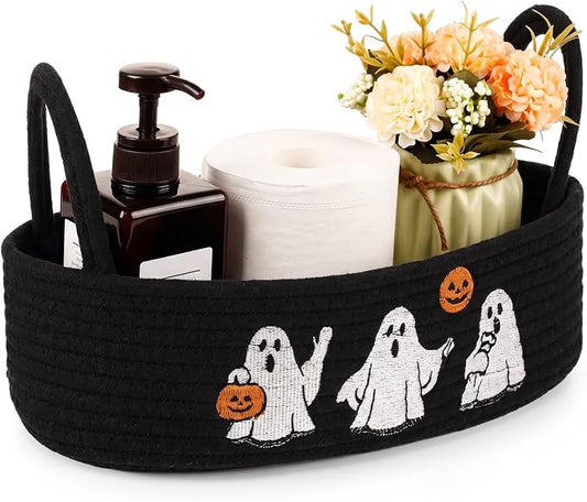 Vesici Halloween Ghost Storage Basket, Black Bathroom Caddy with Handle | Woven Cotton Rope, Ghost Embroidery Decor, Fits Toilet Tank Top or Countertop, 13 X 6 X 4 Inch Organizer for Any Room