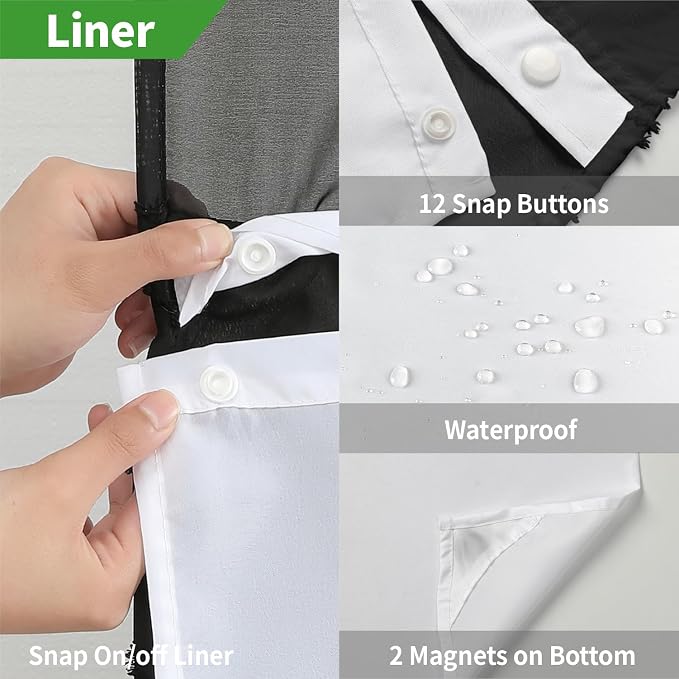 eachope no Hook Shower Curtain and Liner Set，Boho Style with See Through Top Window, Black Fabric Tufted Striped Textured Outer Curtain & Waterproof Inner Liner, DarkBlack, 71Wx74H