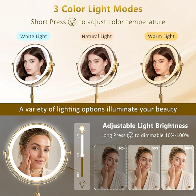 8" Makeup Mirror with Lights,4000mAh RechargeableVanity Mirror,1X/10X Double Sided Magnifying Mirror withAdjustable Height, 3 Colors Stepless Dimming Lighted MakeupMirror,Women Gift,Gold