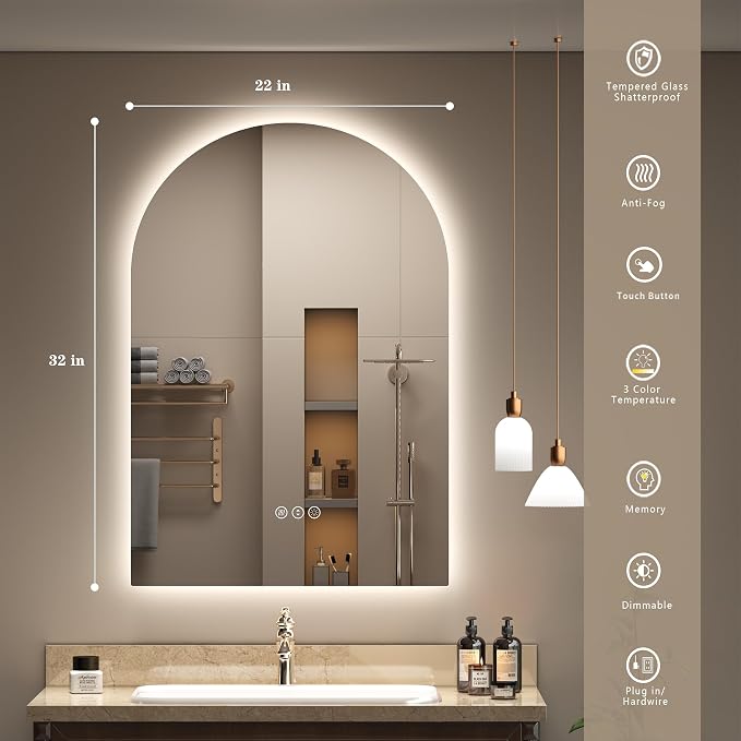 22x32 Inch Arched LED Bathroom Mirror with Lights | Lighted Bathroom Vanity Mirror for Wall, Dimmable Backlit, Anti-Fog, Shatterproof, Memory, ETL Listed