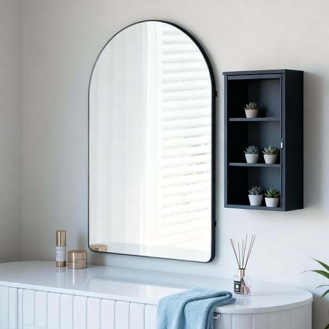 Arched Bathroom Mirror 24"x36", Black, Tempered Glass | arch bathroom mirror black wall mounted vanity tempered glass metal frame bedroom entryway living room