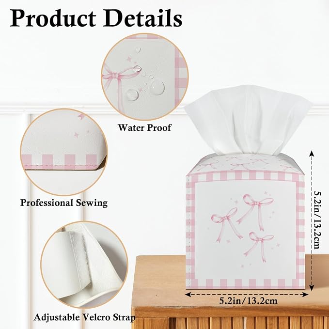 Pink Bow Tissue Box Covers Square, Pink and White Checkered Leather Tissue Box Holders Decorative for Car Nightstand Home Office Bathroom Organizer, Square Facial Paper Organizer Home Decor -018