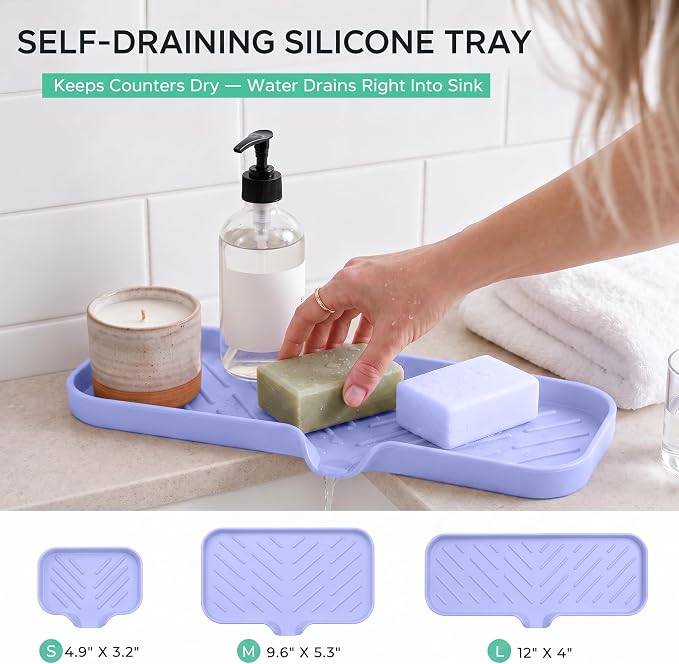 MicoYang Silicone Soap Dish with Drain Spout — Self-Draining Double Sink Organizer Tray for Kitchen & Bath, Dispensers, Sponges & Soap Holder, Non-Slip & Dishwasher Safe, Light Purple (Large, 12"×4")
