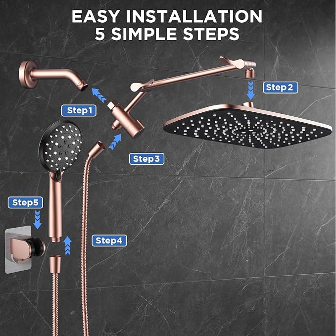 Veken Rose Gold 11.8" High Pressure Shower Head with Handheld, Easy Install | Handheld Shower Head with Multi Spray Modes,Rainfall Combo with 15" Metal Extension Arm,Detachable Dual Shower,Regaderas Para