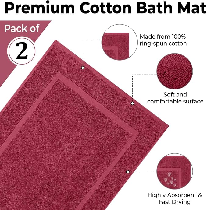 KAHAF COLLECTION Bath Mat Floor Towel Set - Absorbent Cotton Hotel Spa Shower/Bathtub Mats [Not a Bathroom Rug] (Burgandy, 2 Pack (16"x24"))