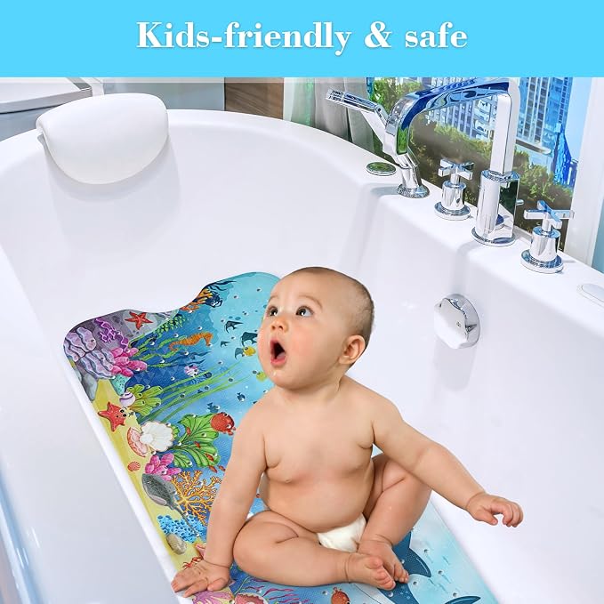 Secopad Bathtub Mat Non Slip, Cute Tub Mat, 40" x 16", Sharks | Rectangular, Anti-Slip, Machine Washable, with Drain Holes and Suction Cups,For Bathtub and Shower Floor, for Toddler & Kids