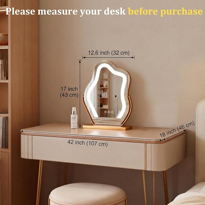 12.6''x17'' Makeup Mirror Cloud Shaped Lighted Vanity Mirror | Smart Touch 3 Color Dimmable Memory 360° Rotation Gold Metal Frame Plug-in AC Power Tabletop Vanity Mirror Women Gift