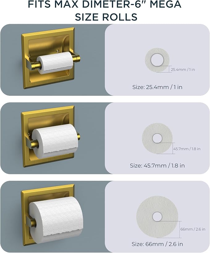 FORIOUS Recessed Toilet Paper Holder for Mega Rolls, Brushed Gold | Stainless Steel Tissue Roll Holder Wall Mount for Bathroom Space-Saving Design, in Wall Toilet Paper Dispenser Insert