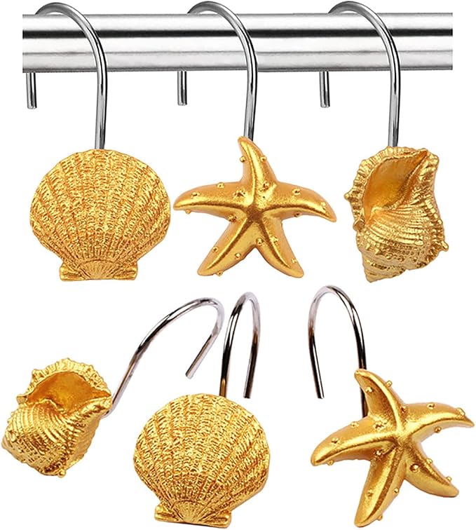 Seashell Shower Curtain Hooks 12pcs Beach Shower Curtain Rings Bath Shower Hooks Rust Proof Curtain Hangers Coastal Bathroom Accessories Decor (Golden)