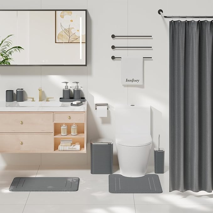 Bathroom Set - 25PC Bathroom Sets with Shower Curtain and Rugs, Grey Bathroom Set, Bathroom Accessory Set, Luxury Bathroom Accessories Set, Trash Can, Toilet Brush, Soap Dish & Soap Dispenser