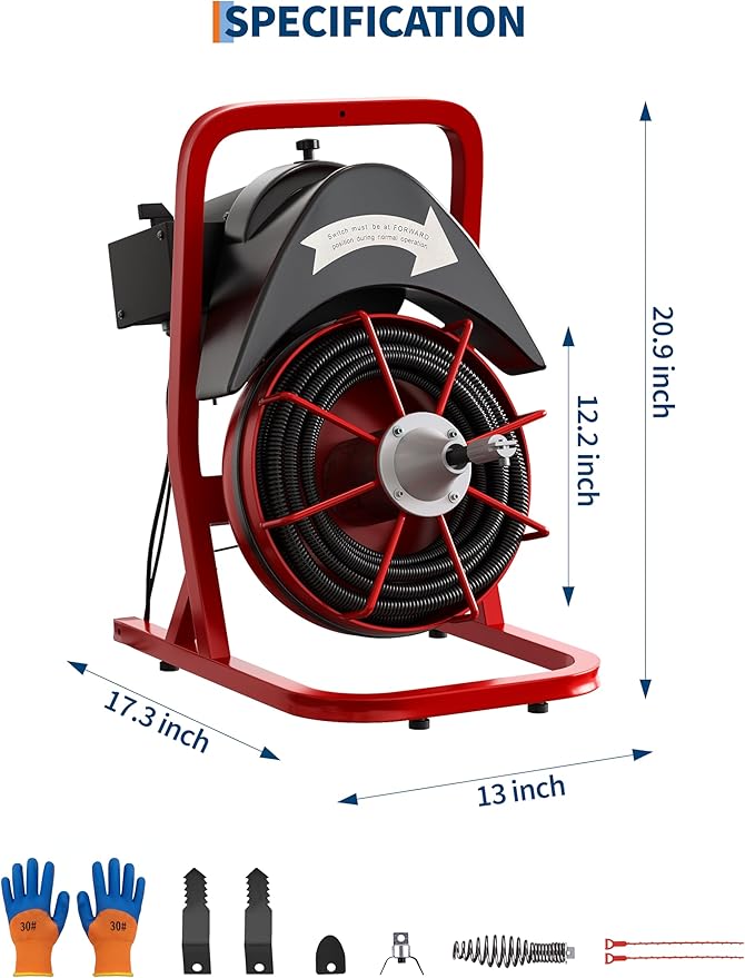 Garvee Drain Cleaner Machine 75FT x 1/2 Inch Steel Core Cable Portable 370W Electric Drain Cleaning Machine With Sewer Auger, Cutter, Air-activated Foot Switch, for Commercial, Home | Durable steel cable , 370W motor, auto-feed, foot switch, portable w...