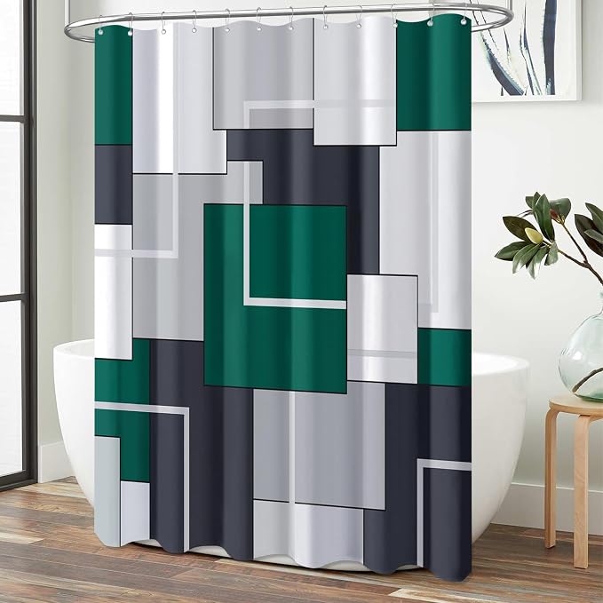 72x78 Long Modern Geometric Waterproof Shower Curtain, Emerald Green | Tall Size, Premium Polyester, Weighted Hem, 12 Plastic Hook, Vibrant Color, Wrinkle-resistant, Quick-Dry, Machine Washable