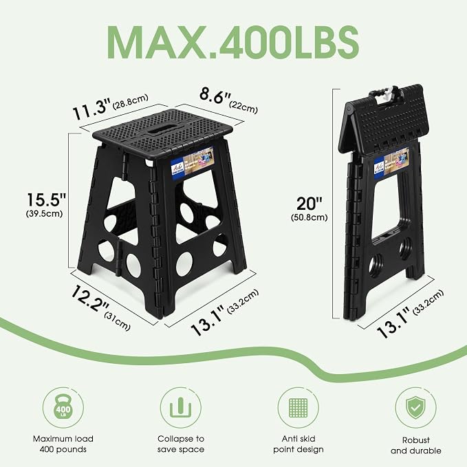 ACKO 16 Inch Folding Step Stool with Safety Lock, Holds 400 lbs, Dot Black | Portable Foldable Stools with Handle, Heavy Duty Collapsible Non-Slip Foot Stool for Adults & Kids, Kitchen Bathroom Outdoor